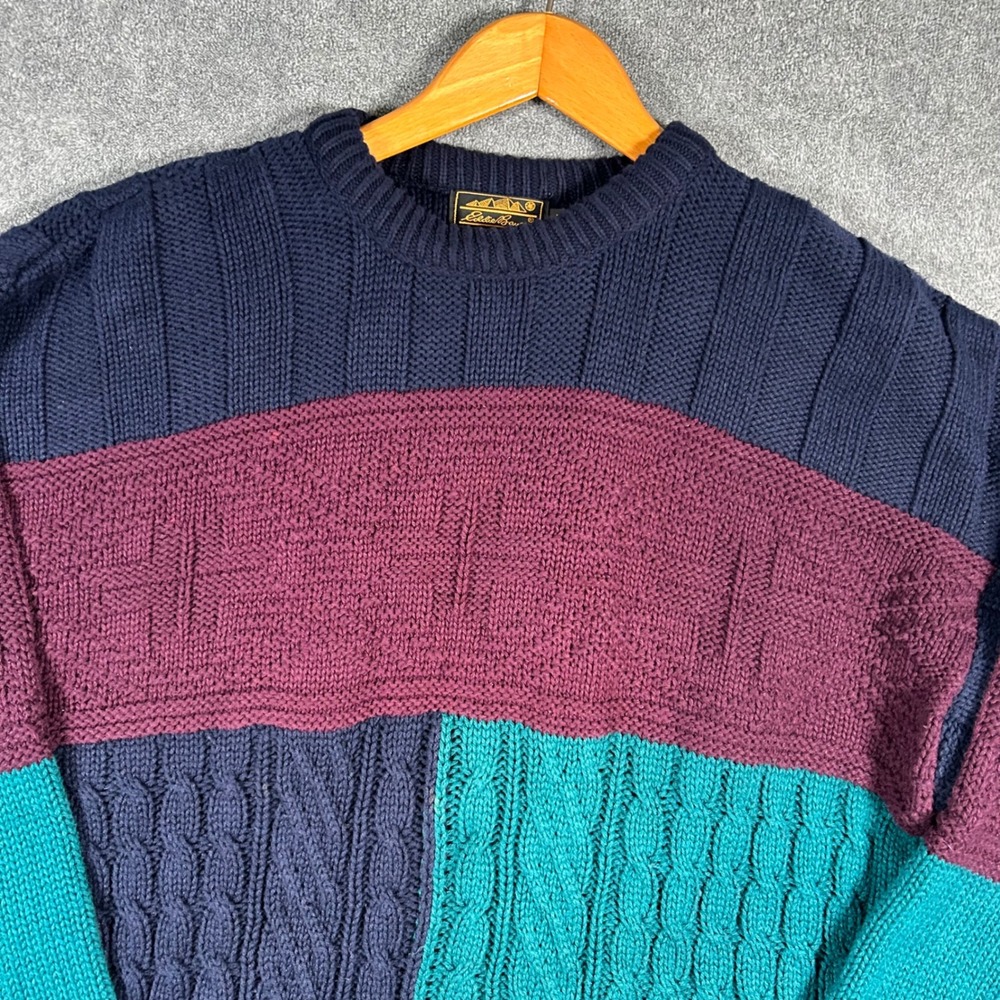 VTG Eddie Bauer Cable Knit Sweater Colorblock Navy Teal Burgundy Men XL Made USA - Picture 4 of 13